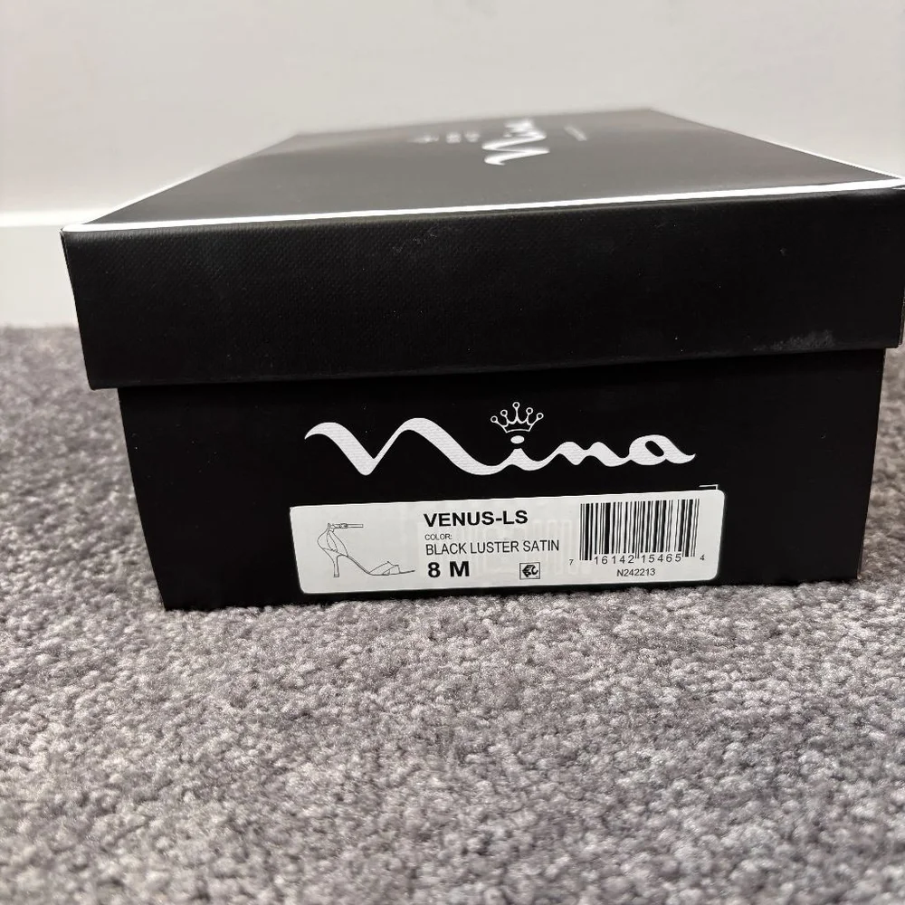 Nina Venus Women's 8 Black Satin Ankle Strap Heels / Heeled Shoes NIB - Picture 4 of 12